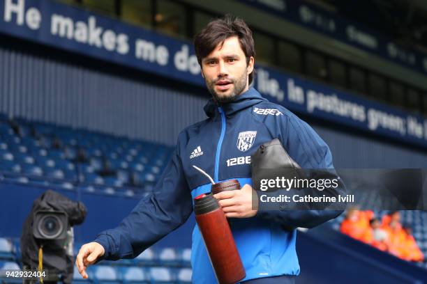 Claudio Yacob of West Bromwich Albion arrives at the stadium prior to the Premier League match between West Bromwich Albion and Swansea City at The...