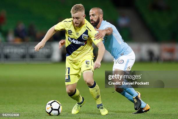 Connor Pain of Central Coast Mariners and Emmanuel Muscat of Melbourne City during the round 26 A-League match between Melbourne City and the Central...