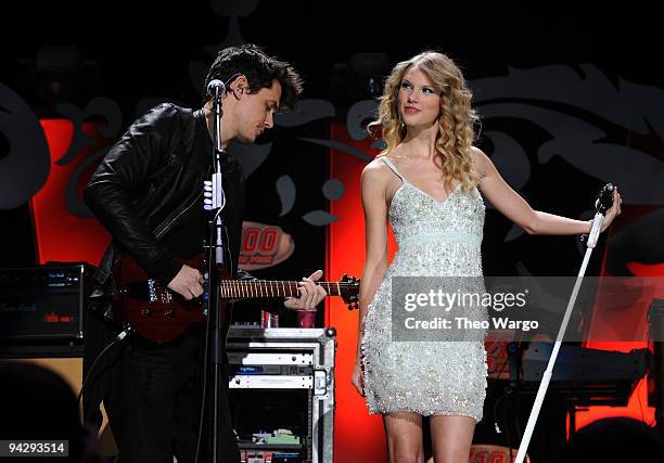 John Mayer and Taylor Swift perform onstage during Z100's Jingle Ball 2009 presented by H&M at Madison Square Garden on December 11, 2009 in New York...