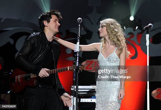 John Mayer and Taylor Swift perform onstage during Z100's Jingle Ball 2009 presented by H&M at Madison Square Garden on December 11, 2009 in New York...