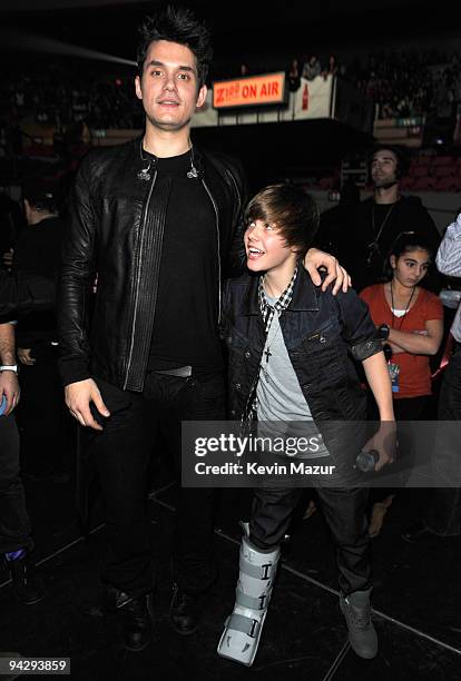 John Mayer and Justin Bieber attends Z100's Jingle Ball 2009 presented by H&M at Madison Square Garden on December 11, 2009 in New York City.