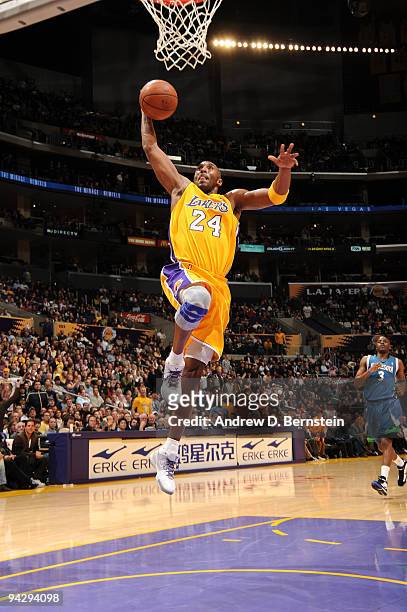 Kobe Bryant of the Los Angeles Lakers goes up for a dunk during a game against the Minnesota Timberwolves at Staples Center on December 11, 2009 in...
