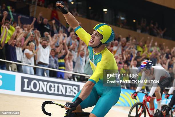 Australia's Sam Welsford celebrates his gold medal win in the men's 15km scratch race finals cycling during the 2018 Gold Coast Commonwealth Games at...