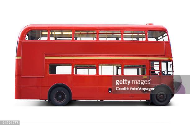 bright red bus with clipping paths - english culture stock pictures, royalty-free photos & images