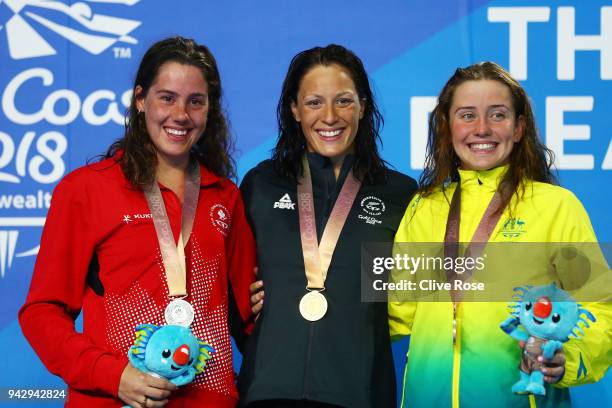 Silver medalist Aurelie Rivard of Canada, gold medalist Sophie Pascoe of New Zealand and bronze medalist Katherine Downie of Australia pose during...