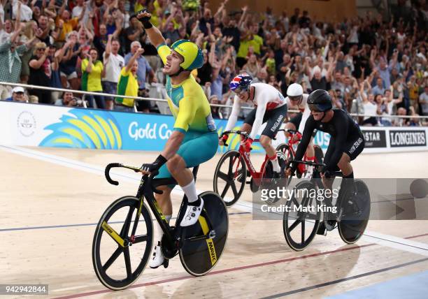 Sam Welsford of Australia celebrates winning gold in the Men's 15km Scratch Race Final on day three of the Gold Coast 2018 Commonwealth Games at Anna...