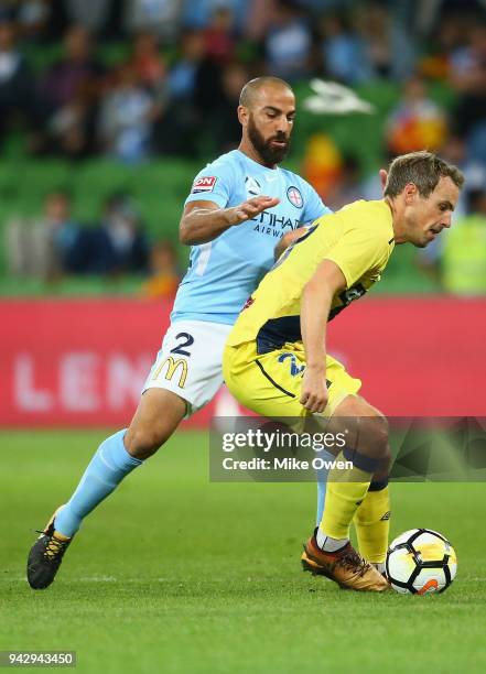 Wout Brama of the Mariners controls the ball during the round 26 A-League match between Melbourne City and the Central Coast Mariners at AAMI Park on...