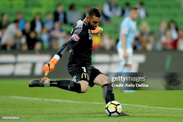 Dean Bouzanis of Melbourne City kicks the ball during the round 26 A-League match between Melbourne City and the Central Coast Mariners at AAMI Park...