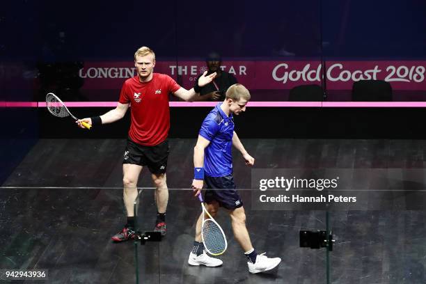 Joel Makin of Wales complains to the referee during his Men's Singles Quarter Final match against Alan Clyne of Scotland on day three of the Gold...