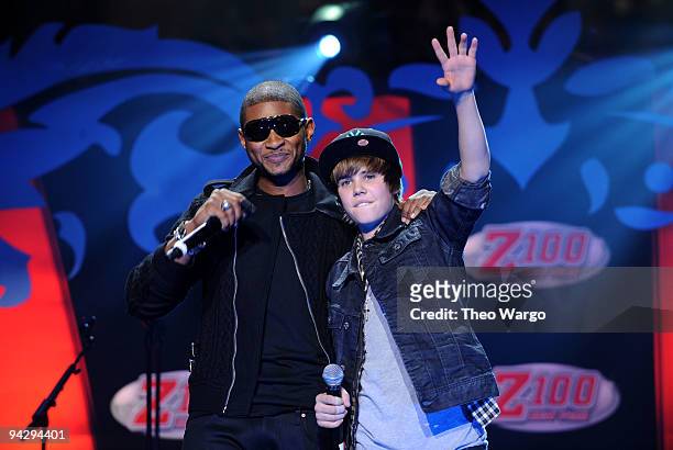 Usher and Justin Bieber performs onstage during Z100's Jingle Ball 2009 presented by H&M at Madison Square Garden on December 11, 2009 in New York...