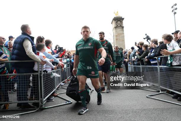 Tom Youngs of Leicester Tigers arrives ahead of the Aviva Premiership match between Bath Rugby and Leicester Tigers at Twickenham Stadium on April 7,...