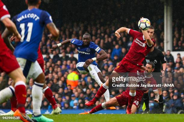 Yannick Bolasie of Everton has a shot at goal which is saved during the Premier League match between Everton and Liverpool at Goodison Park on April...