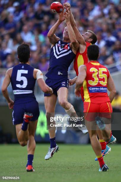 Matt Taberner of the Dockers contests a mark during the round three AFL match between the Gold Coast Suns and the Fremantle Dockers at Optus Stadium...