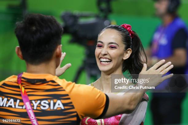 Farah Ann ABDUL HADI reacts after her performance in the Women's Individual All-Around Final Artistic Gymnastics on April 7, 2018 in Gold Coast,...