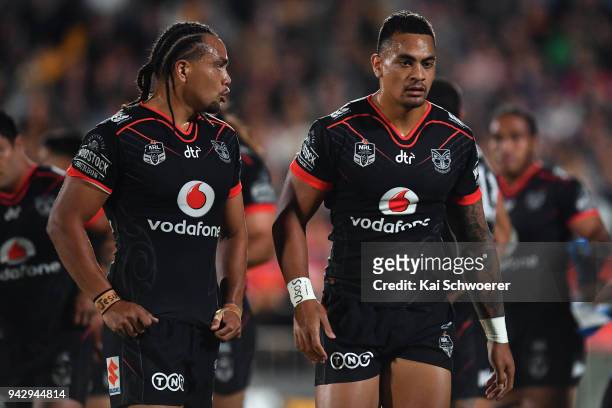Leivaha Pulu and Ken Maumalo of the Warriors look on during the round five NRL match between the New Zealand Warriors and the North Queensland...