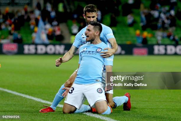 Bruno Fornaroli of Melbourne City celebrates his goal during the round 26 A-League match between Melbourne City and the Central Coast Mariners at...