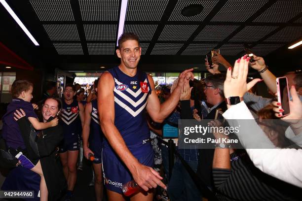 Aaron Sandilands of the Dockers walks thru the Locker Room after winning the round three AFL match between the Gold Coast Suns and the Fremantle...