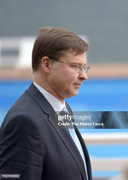 Valdis Dombrovskis, Vice President of the European Commission attends 'Lo Scenario dell'Economia e della Finanza' workshop on April 7, 2018 in...