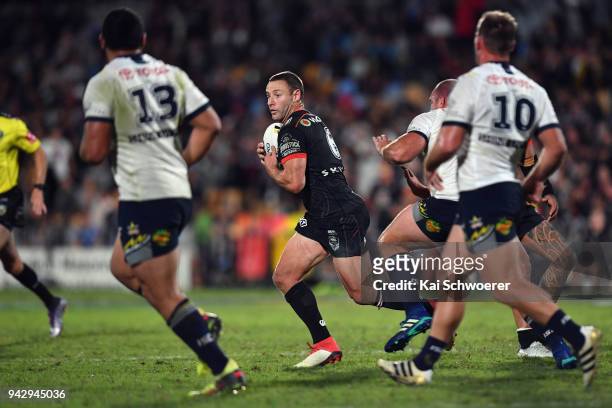Blake Green of the Warriors charges forward during the round five NRL match between the New Zealand Warriors and the North Queensland Cowboys at Mt...