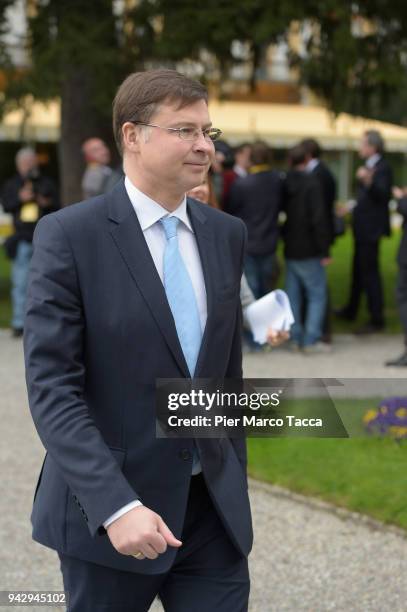 Valdis Dombrovskis, Vice President of the European Commission attends 'Lo Scenario dell'Economia e della Finanza' workshop on April 7, 2018 in...