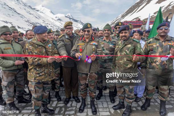 Indian army's Lieutenant General A K Bhatt, The General Officer Commanding 15 Corps, along with many senior Indian army officers opens the snow...