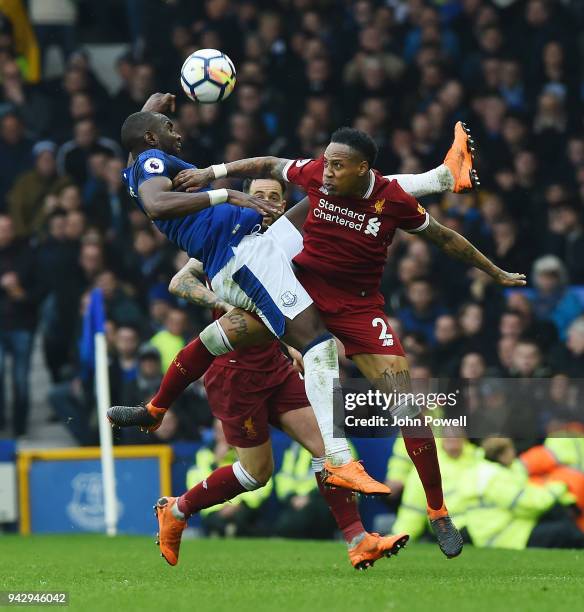 Nathaniel Clyne of Liverpool with Yannick Bolasie of Everton during the Premier League match between Everton and Liverpool at Goodison Park on April...