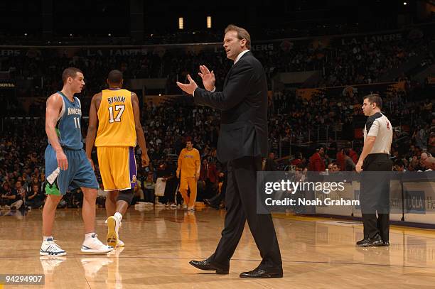 Head coach Kurt Rambis of the Minnesota Timberwolves applauds his team's effort against the Los Angeles Lakers at Staples Center on December 11, 2009...