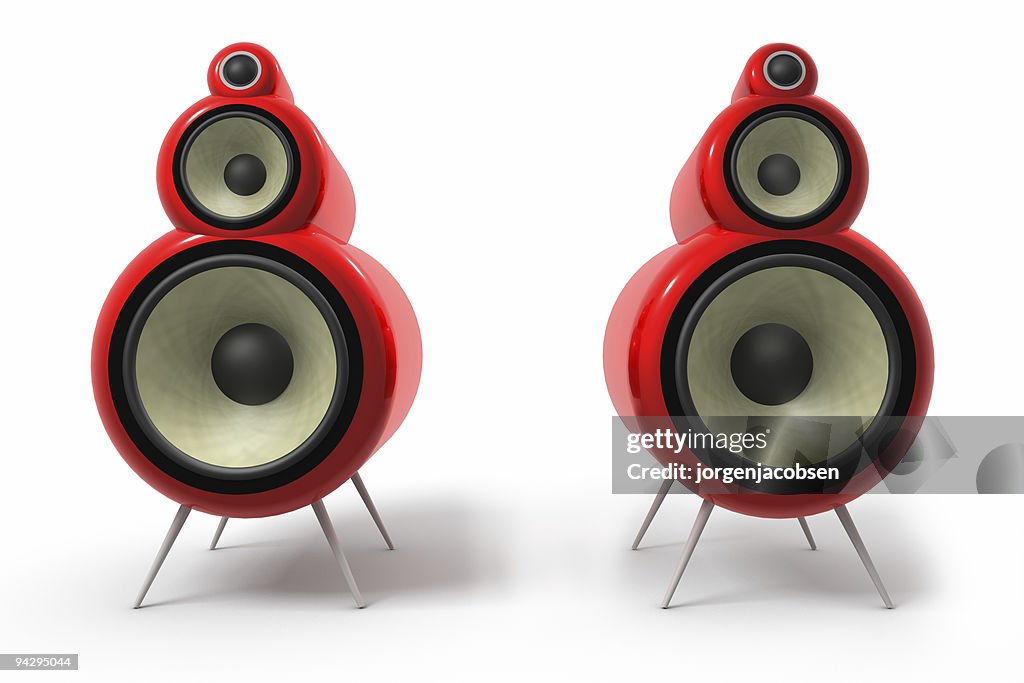 A graphic of two red tube loudspeakers