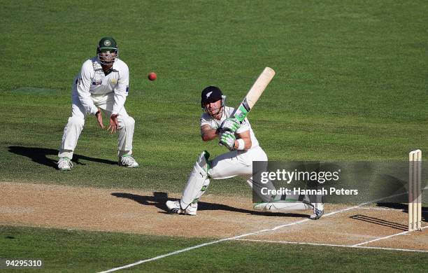Brendon McCullum of New Zealand sweeps the ball away for four runs during day two of the Third Test match between New Zealand and Pakistan at McLean...