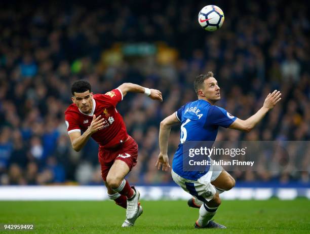 Dominic Solanke of Liverpool and Phil Jagielka of Everton chase the ball during the Premier League match between Everton and Liverpool at Goodison...