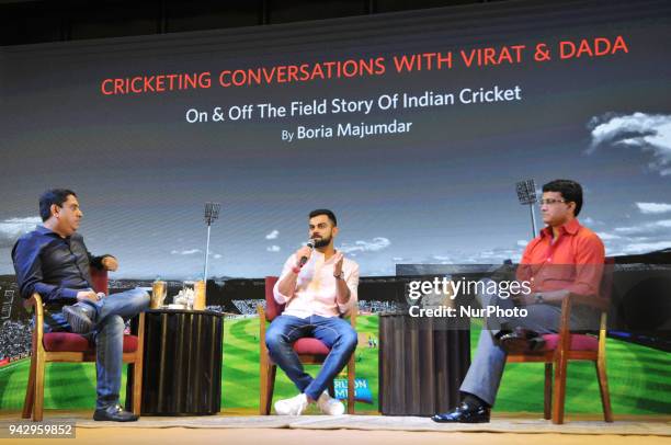 India Cricket Team Captain Virat Kohli and Former Captain Sourav Ganguly and Boria Majumder during Boria Majumder write Book launch Eleven Gods and a...