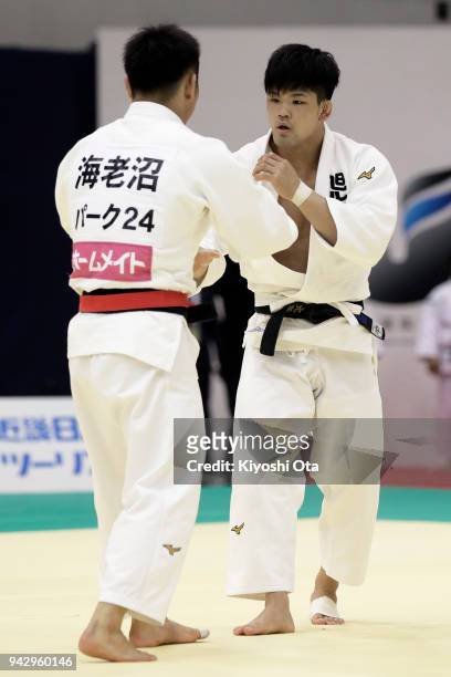 Shohei Ono competes against Masashi Ebinuma in the Men's -73kg semifinal match on day one of the All Japan Judo Championships by Weight Category at...