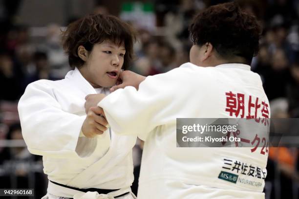 Sara Yamamoto competes against Sarah Asahina in the Women's +78kg semifinal match on day one of the All Japan Judo Championships by Weight Category...