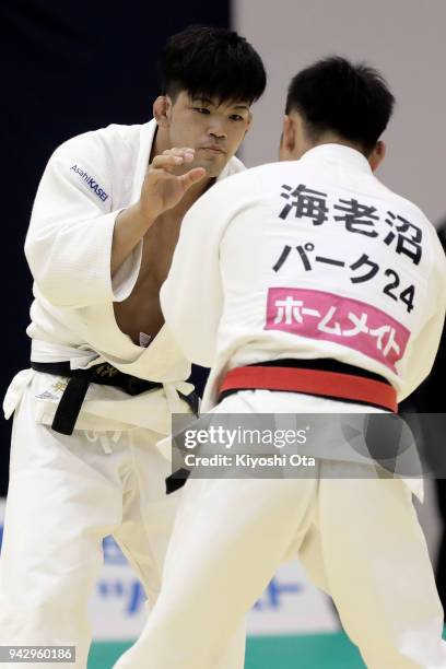 Shohei Ono competes against Masashi Ebinuma in the Men's -73kg semifinal match on day one of the All Japan Judo Championships by Weight Category at...
