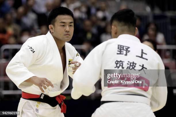 Soichi Hashimoto competes against Rentaro Nogami in the Men's -73kg semifinal match on day one of the All Japan Judo Championships by Weight Category...