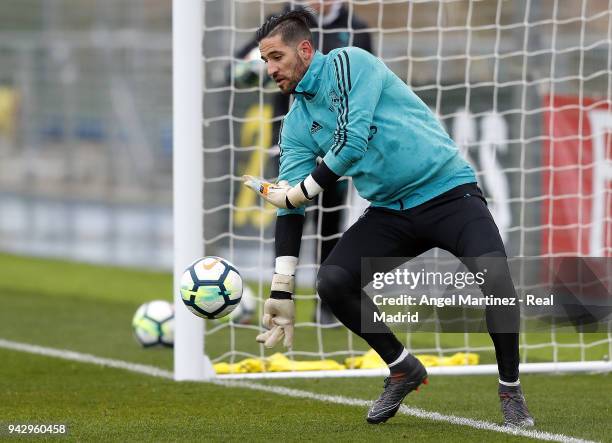 Kiko Casilla of Real Madrid in action during a training session at Valdebebas training ground on April 7, 2018 in Madrid, Spain.