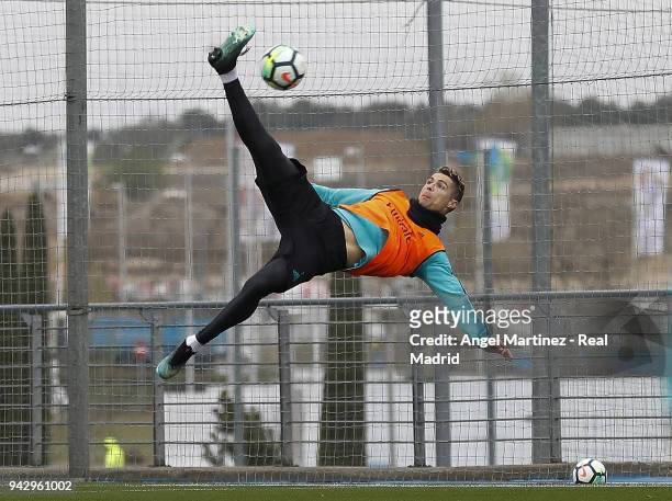Cristiano Ronaldo of Real Madrid in action during a training session at Valdebebas training ground on April 7, 2018 in Madrid, Spain.