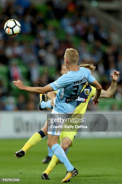 Nathaniel Atkinson of Melbourne City kicks the ball during the round 26 A-League match between Melbourne City and the Central Coast Mariners at AAMI...