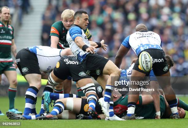 Kahn Fotuali'i of Bath Rugby clears the ball upfield during the Aviva Premiership match between Bath Rugby and Leicester Tigers at Twickenham Stadium...