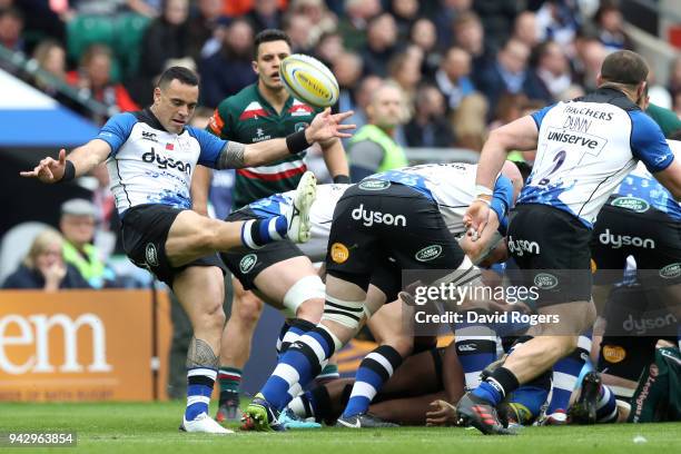 Kahn Fotuali'i of Bath Rugby clears the ball upfield during the Aviva Premiership match between Bath Rugby and Leicester Tigers at Twickenham Stadium...