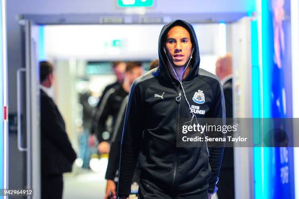 Isaac Hayden of Newcastle United arrives for the Premier League Match between Leicester City and Newcastle United at The King Power Stadium on April...