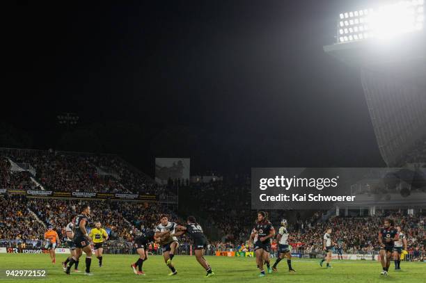 Jason Taumalolo of the Cowboys charges forward during the round five NRL match between the New Zealand Warriors and the North Queensland Cowboys at...