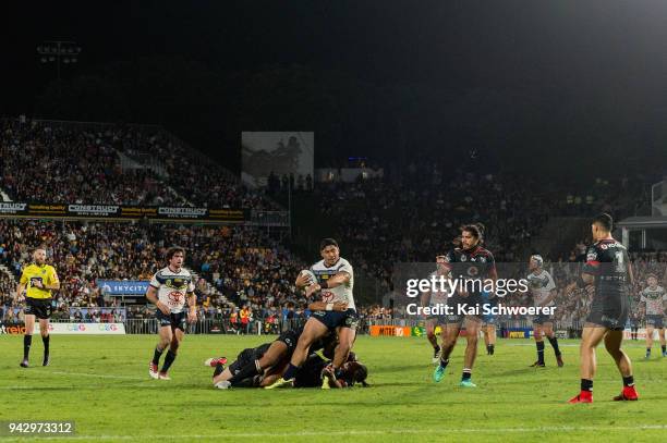 Jason Taumalolo of the Cowboys charges forward during the round five NRL match between the New Zealand Warriors and the North Queensland Cowboys at...
