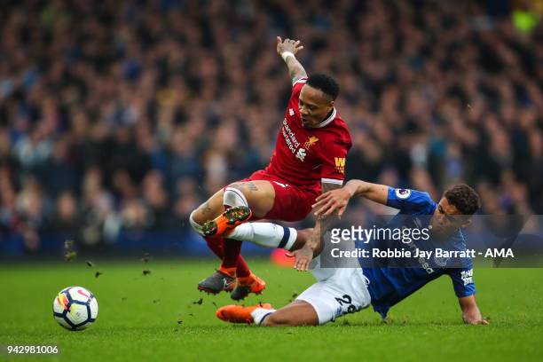 Nathaniel Clyne of Liverpool and Dominic Calvert-Lewin of Everton during the Premier League match between Everton and Liverpool at Goodison Park on...
