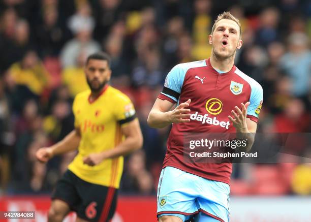 Chris Wood of Burnley reacts during the Premier League match between Watford and Burnley at Vicarage Road on April 7, 2018 in Watford, England.