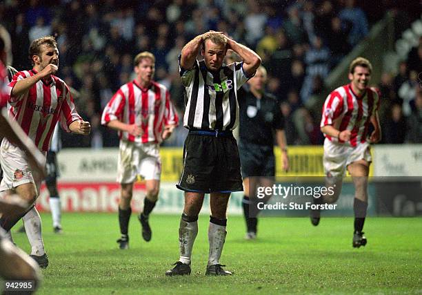 Alan Shearer of Newcastle United looks on in despair after missing from the penalty spot during the FA Carling Premiership match against Sunderland...