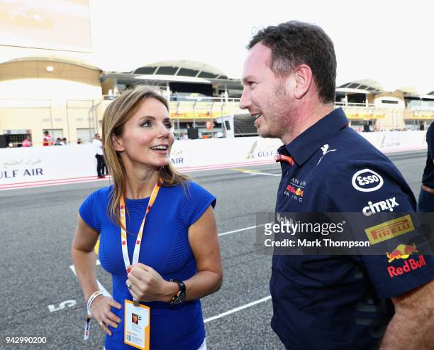 Geri Horner talks with husband Red Bull Racing Team Principal Christian Horner after taking part in the F1 Hotlaps in an Aston Martin Vanquish S...