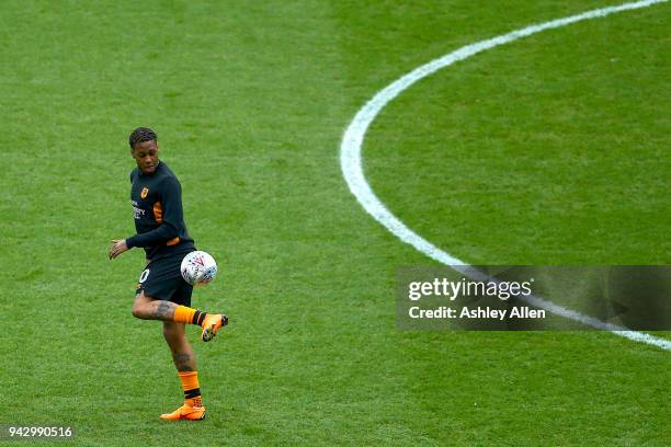 Abel Hernandez of Hull City controls the ball whilst warming up during the Sky Bet Championship match between Hull City and Queens Park Rangers at...