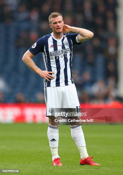 Chris Brunt of West Bromwich Albion reacts during the Premier League match between West Bromwich Albion and Swansea City at The Hawthorns on April 7,...