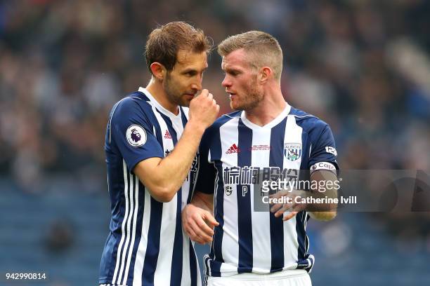 Craig Dawson of West Bromwich Albion and Chris Brunt of West Bromwich Albion talk during the Premier League match between West Bromwich Albion and...